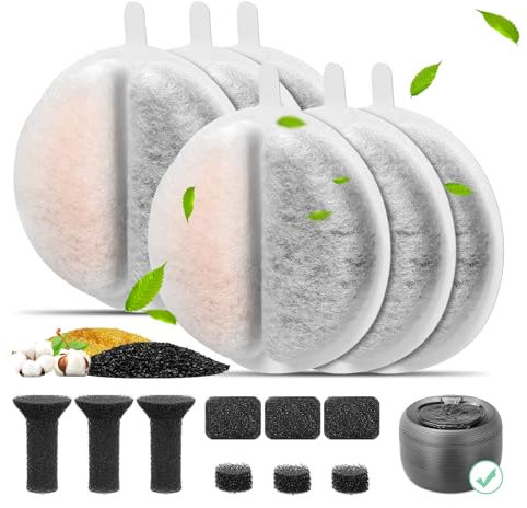 Katzenbrunnen Filter, 6er Pack Ersatzfilter für 2,5L Trinkbrunnen Aktivkohle und Ionenaustauschharz für die Wasserfiltration, Ersatz-Schaumstoff-/Schwammfilter für 84 FL oz/2.5L Katzenbrunnen