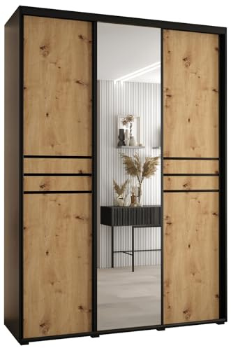 MEBLE KRYSPOL Davos 11 170 Schrank mit DREI Schiebetüren für Schlafzimmer - Moderner Schrank mit Spiegel, Kleiderstange und Regalen - 235,2x170x45 cm - Schwarz Artisan Schwarz