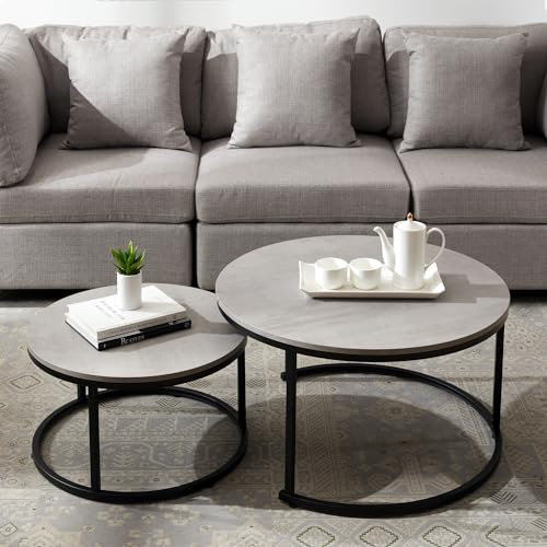 homeguru Satztisch mit 2 Runden Beistelltischen, 2-in-1 Kombination, Wohnzimmertisch Modern Kaffeetisch Coffee Table, Couchtisch rund 80CM und 60CM Durchmesser, Hellgrau Sofatisch Holz