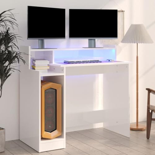 Computer Desk,Computertisch Kleinschreibtisch Mit LEDs Hochglanz-Weiß 97x45x90 cm Holzwerkstoffgeeignet FüR Wohnzimmer, Schlafzimmer, BüRo, Besprechungszimmer, Arbeitszimmer