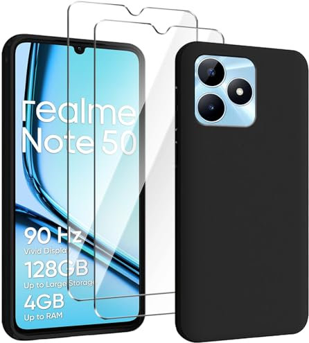 HuiYouMY Coque pour Realme Note 50 (6.74) avec 2 Pièces Verre Trempé Protection écran, Black Silicone TPU Souple Etui Housse Anti-Rayures Antichoc Case - Noir