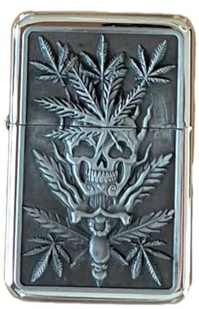 Feuerzeug Sturmfeuerzeug HANF Benzinfeuerzeug Raucherbedarf Chrom Metall (Hanf mit Skull)