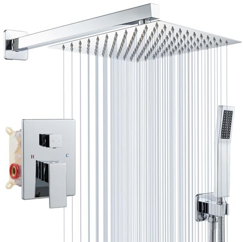 ROVOGO 30 x 30 cm Unterputz Duscharmatur Set aus Edelstahl 304, Duschkopf Eckig, Duscharmaturen Komplettset mit Handbrause, Ganzmetall Duschsystem Duschset Regendusche mit Armatur, Chrom