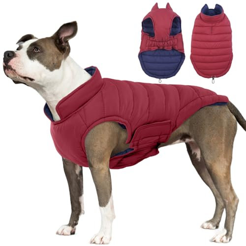 Lelepet Reversible Dog Winter Coat, Warm Waterproof Jacket for Medium Large dogs, Puppy Winter Puffer Jacket, Windproof Dog Vest, Easy on/Off, Wine Red L