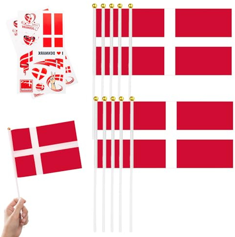 12 Stück Dänemark Handfahnen mit Stab - Kleine Dänemark Flagge Mini Fahnen für WM 2026 Fussball Deko,Mottoparty Dekoration, Unabhängigkeitstag Parade, Sportevents Fanartikel