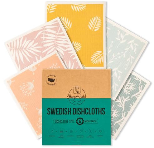Harps&Seb Swedish Dishcloths for Kitchen Dish Towels - 5 Pack, Non-Scratch Reusable Paper Towels, Super Absorbent Washable Swedish Dish Cloths, No Odor, Biodegradable, Leaf Design