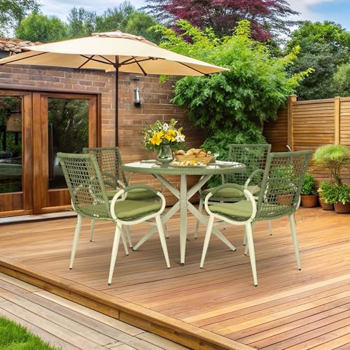 Bravich 5pcs Outdoor Dining Set - Green Rattan Garden Furniture Set With 4 Chairs & Round Table. Weatherproof, UV Resistant, Easy Assembly