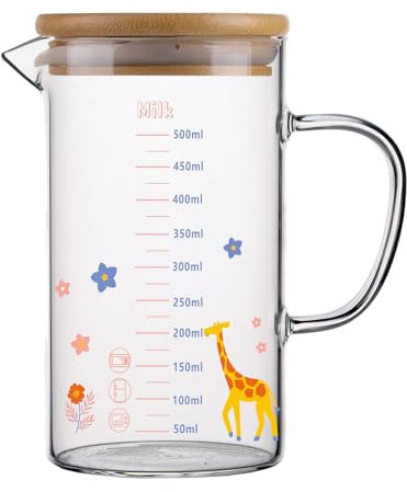Jarsense 500ml Glass Measuring Cups Graduated Cups with Bamboo Lids Clear Glass Graduated Measuring Cups with Handles for Cooking Baking Milk Wine Tea Coffee Utensils(Giraffe)