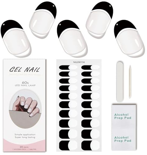 JMEOWIO Gel Nail Stickers French Tip Black White Semi Cured Gel Nail Strips Wraps UV/LED Nails Art Design Decoration Accessories