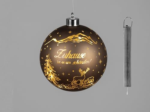 formano LED Weihnachtskugel zum Hängen 15 cm braun-Gold mit Spruch,Zuhause ist es am schönsten' - Hängelicht aus mattem Farbglas mit Timer & LED - batteriebetriebene Dekoration für Weihnachten