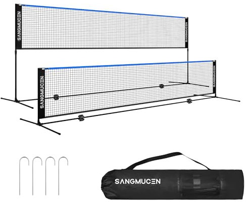 SANGMUCEN 5m Badminton Netz, Volleyballnetz Garten, höhenverstellbare Stangen, tragbares Set, leicht auf- und abbaubar Ideales Sportnetz für Tennis, Badminton oder Volleyball Blau und Schwarz TBN005B