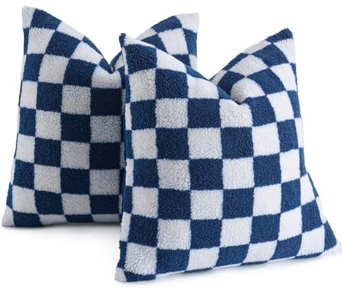 AmHoo 2er Set Dekorative Kissenbezug Schachbrett Dekokissen Sofakissen Luxus Super Sanft Kunstpelz Wolle Set Fall Kissen für Couch Sofa Schlafzimmer 50x50 cm Navy Blau