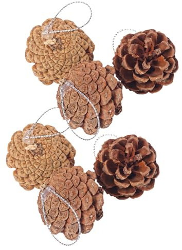 6 natürliche Tannenzapfen Ornamente, 1,6 Christbaumschmuck mit Schnüren, rustikale Holz-Tannenzapfen zum Aufhängen, für Ferienhaus und Bauernhaus-Dekor