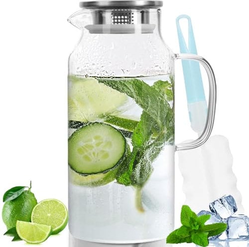 Miudeco Karaffe, 2 Liter/71 Unzen Wasserkrug mit Versiegeltem Deckel, Glaskrug für Heißes/Kaltes Wasser, Eistee und Saftgetränke (mit Becherbürste)