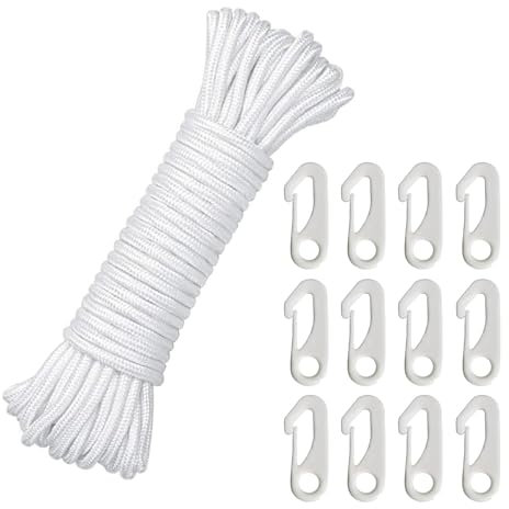 20M Flag Pole Rope with 12 PCS Flag Pole Clips, Flag Pole Halyard Rope Kit, Tree Swing Rope, 6MM Nylon Cord for Flagpole Sailboat Garden Camping (White)