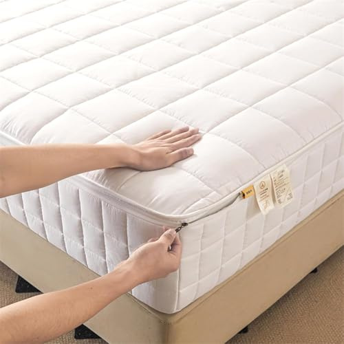 TYYUETY Coprimaterasso Matrimoniale con Cerniera, coprimaterasso Spesso, coprimaterasso Traspirante-White- 160x200+15cm