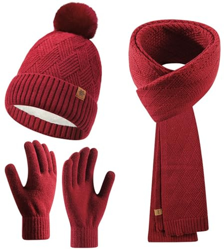 Enwokran Wintermütze Touchscreen Handschuhe Lang Schal Set mit Dick Fleece Gefütterte Thermo Strickmütze Beanie mit Bommel Schals Winterhandschuhe Strickhandschuhe