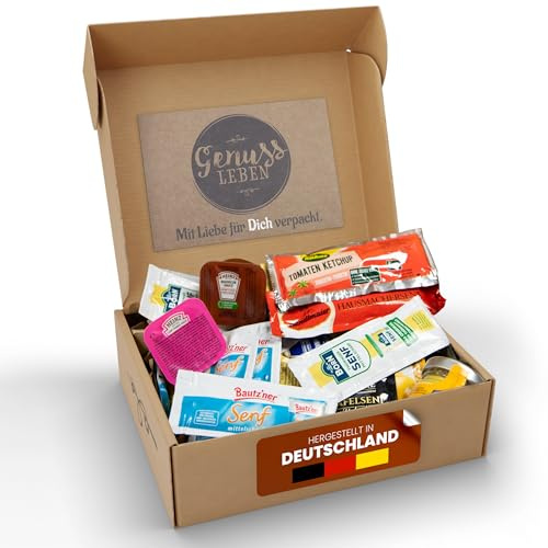 Genussleben Box mit 800g Mini Portionen Senf, Ketchup und Mayonnaise - ideal zum Grillen oder als Vorratsbox für Urlaub, Büro, Camping, Zuhause oder als Geschenk.