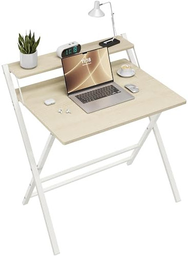 Yaheetech Foldable Desk with Monitor Stand,80 cm Computer Desk for Small Spaces,2-Tier Folding Table for Home, Office, School, Dormitory,Easy Assembly(Natural Wood)