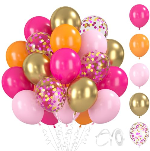 BlooMoo 60 Stück Luftballons Rosa Orange, 12 Zoll Latex Luftballons Orange Pink Gold, Metallic Ballons und Konfetti Ballons Set, für Geburtstag Hochzeit Party Dekoration