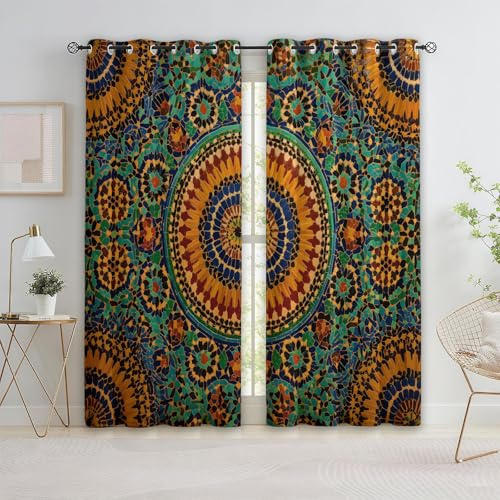 Quixora 2 Stück Verdunklungsvorhang 100% Blickdicht Vorhang mit Ösen Thermogardine Ösenvorhänge Geometrisch Blumen Ethno-Print Energiesparvorhänge für Schlafzimmer Wohnzimmer, 260 x 140 cm (H x B)