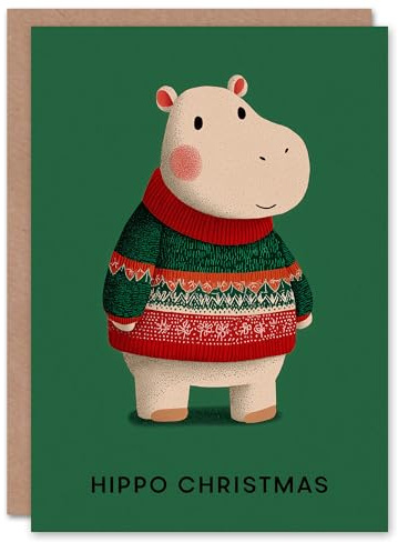 Artery8 Personalised Christmas Card Cute Baby Pygmy Hippopotamus with Festive Sweater