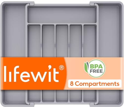 Lifewit Expandable Cutlery Drawer Organiser, 6-8 Compartments Utensil Tray | Adjustable Kitchen Drawer Dividers for Spoons Forks Knives, Plastic Storage Holder, 28-45 x 35 cm, Medium, Grey