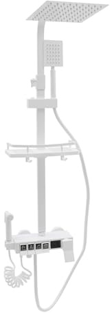 Weiß LED Piano Keys Brausegarnitur, Brausegarnitur mit 4 Auslässen,Edelstahl Duschsystem mit Duschregal,Verstellbares Design,Ablagekorb & Plattform,Langer Schlauch,Wabenförmiger Sprudler, auf Hotels,