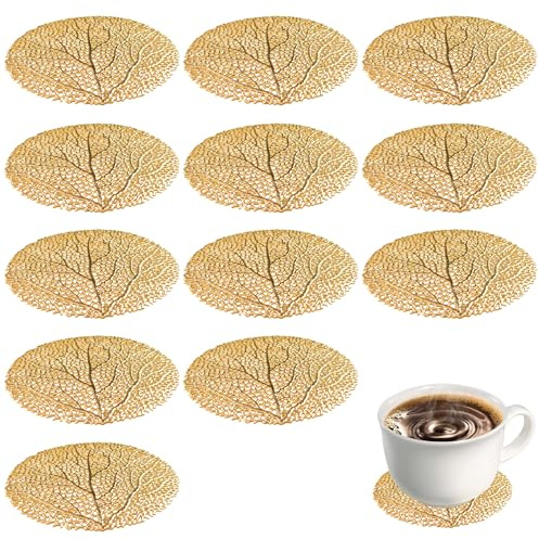 12PCS Stylish Gold Coasters Coral Design, Round PVC 10cm Drink Coasters, Coaster Set for Home Bar Kitchen Patio Coffee Table Heat-Resistant Reusable Slip-Resistant Mats for Hot and Cold Beverages