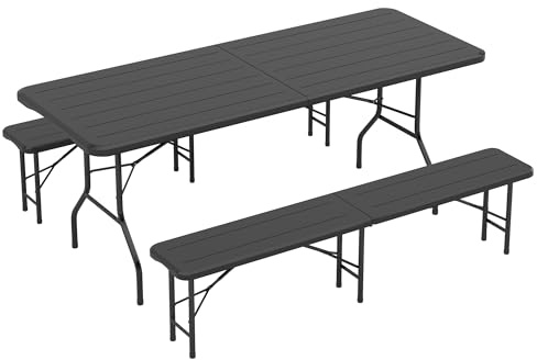 mcc direct 6ft (180cm) Folding Table with 2 Benches Heavy Duty – Set of 3 Indoor & Outdoor Plastic Table & Bench Set for Garden, Picnic, BBQ, Camping, Party & Catering (Dark Wood)
