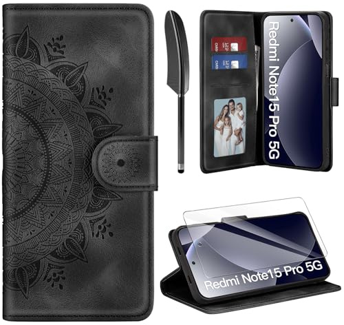 ivencase Lederhülle für Xiaomi Redmi Note 15 Pro 5G Hülle und Schutzfolie, Premium Klappbar Handyhülle Flip Wallet, [Kartenfach] [PU Leder] [Ständer] Schutzhülle für Redmi Note 15 Pro 5G, Schwarz