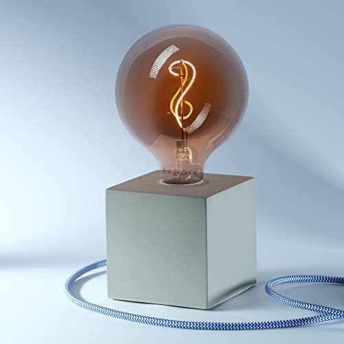Buchenbusch urban design Home Designerlampe aus Beton, Nachttisch-Leuchte, Cube-Lampe als Geschenk, Harmonische Beleuchtung, Als LED Lampe für jeden Raum, Mit farbigem Textilkabel „Blau-Weiß“