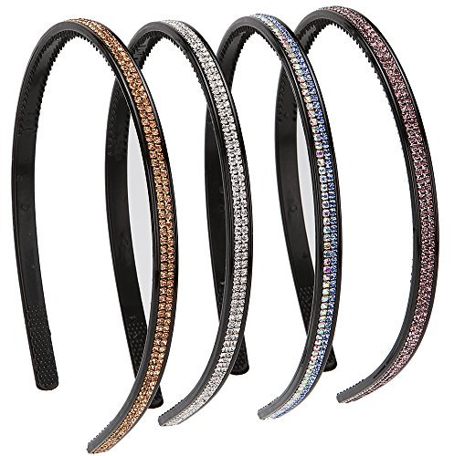 LONEEDY 4 Pack Fashion Rhinestone and Crystal Hard Headbands, Non-slip Teeth Hairband for Women(Gold+Silver+Blue+Pink)