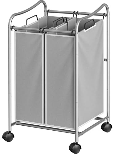 Simple Houseware Schwerlast-Wäschesortierwagen mit 2 Beuteln, silberfarben | Abnehmbare Taschen und feststellbare Rollen für die Organisation der Waschküche