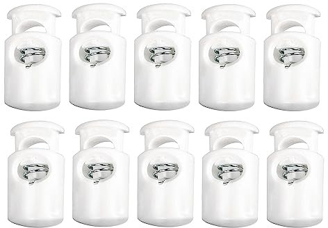 Trimming Shop Lot de 10 bloqueurs de cordon à ressort à trou unique pour bagages, cordon, vêtements, projets de bricolage, sac à dos, vêtements de sport, lacets, vestes, blanc
