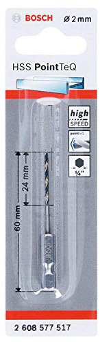Bosch Accessories 1x PointTeQ Sechskantbohrer (für Metall, Ø: 2 mm, Arbeitslänge: 24 mm, Gesamtlänge: 60 mm, ¼-Sechskantschaft, Zubehör für Schlagschrauber und Bohrschrauber)