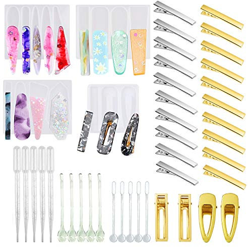 Cayway 29 PCS Moules en Résine pour Pinces à Cheveux Set, 4 PCS Silicone Moules Bijoux Résine Pinces à Cheveux et 24 PCS Pinces à Cheveux pour Epingle à Cheveux, Porte-clés, Signet