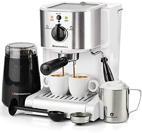 7 Pc All-in-One Espresso & Cappuccino Maker Machine Barista Bundle Set w/Built-in Steam Wand (Inc: Coffee Bean Grinder, Portafilter, Frothing Cup, Spoon w/Tamper & 2 Cups) (White)
