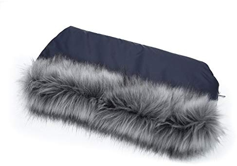 Baby-Joy Kinderwagen Muff mit Kunstfell, warmer Handwärmer und Handschutz, wetterfester Handschuh mit Reißverschluss und flauschigem Innenfutter | Farbe: 25 Navy Dunkelblau