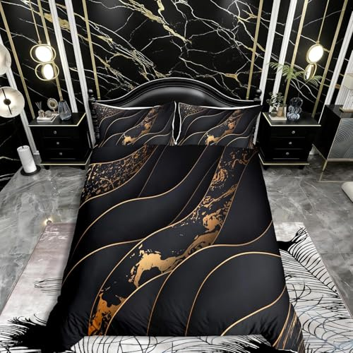 Marmor-Bettbezug-Set für Kinder, Mädchen, Jungen, abstrakte Kunst, Bettbezug, schick, luxuriös, schwarz-golden, fließendes Bettwäsche-Set, neuartiges modernes Marmor-Design, Tagesdecke, Bezug