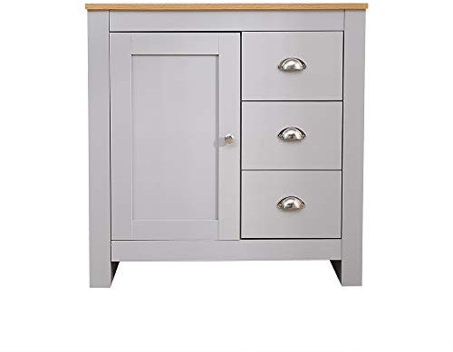 Yaermei Homeke Modern Organiser Cabinet Living Room Sideboard with 1 Door & 3 Drawer Cupboard Unit New (Grey+Oak Top)