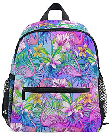 Junge Mädchen Kinderrucksack Kindergarten, Rosa Flamingo Tropische Vogel Blume Lässig Mini Backpack Büchertasche mit Brustgurt