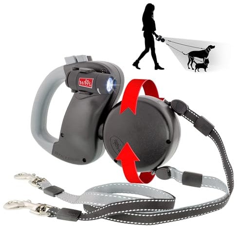 WIGZI Dual Doggie (2 Hunde) einziehbare Leine mit Licht (L.E.D), kein Verheddern, 360-Grad-Technologie, unabhängiges Bremsen, jeder Hund bis zu 22,7 kg, jeder Hund mit 3 m reflektierenden Leinen für