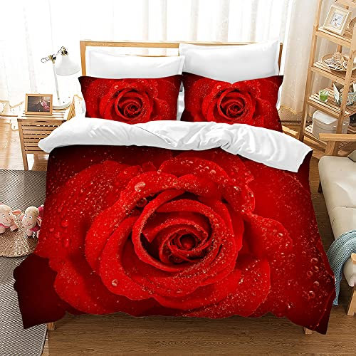 Hoimlm Rot Rose Bettwäsche,Erwachsene Kinder Bettbezug,3D Microfaser Bettwäsche mit kopfkissenbezüge,Rose Bettbezug für Schlafzimmer, weiche bequemer (rote Rose, 135x200cm)