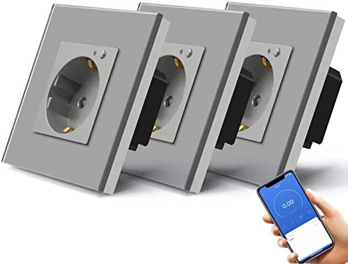 BSEED Enchufe Inteligente Con Cristal,WIFI Enchufes de pared Con Medidor de Energía,Control Remoto y Temporizador,Requiere Cable Neutro,1 Enchufe WiFi con Medición-3 pack,86mm Gris