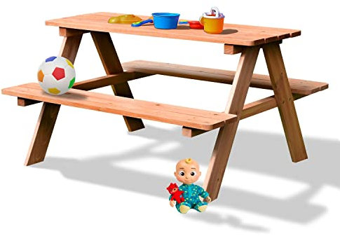 Coemo Outdoor Kindersitzgruppe - wetterfest Garten Picknicktisch aus Holz für Kinder für draussen - schöne Sitzgruppe inkl. Gartentisch & Sitzgarnitur Farbe Braun