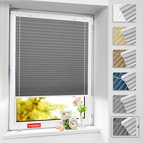 BelleMax Plissee ohne Bohren Verdunkelung Klemmfix, Thermo Plissee Grau 75x110 cm(BxH), Verdunklungsplissee 100% Verdunkelnd & lichtundurchlässig, Sichtschutz und Sonnenschutz für Fenster & Tür