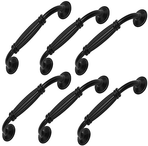 KanDery 6PCS Vintage Cabinet Handles, Chic Drawer Pull, Furniture Door Pull, Antique Kitchen Cupboard Handle, 128mm Hole Center, Black