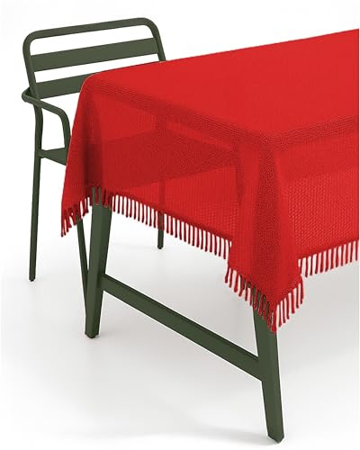 texpot Nappe de table de jardin avec franges - Résistante aux intempéries - Mousseline - Antidérapante - Ronde - 160 cm - Rouge