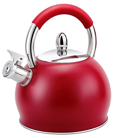 HRHongRui Whistle Tea Kettle Stainless Steel Teakettle Teapot with Ergonomic Silicone Handle Tea Pots for Stove Top 3.2 Quart / 3 Liter Red